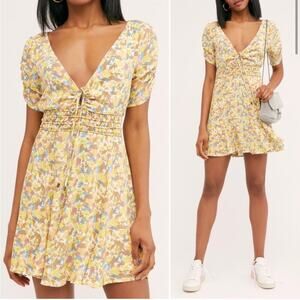 Free People Sz 6 Forget Me Not Dress Yellow Floral Print Mini Nwt